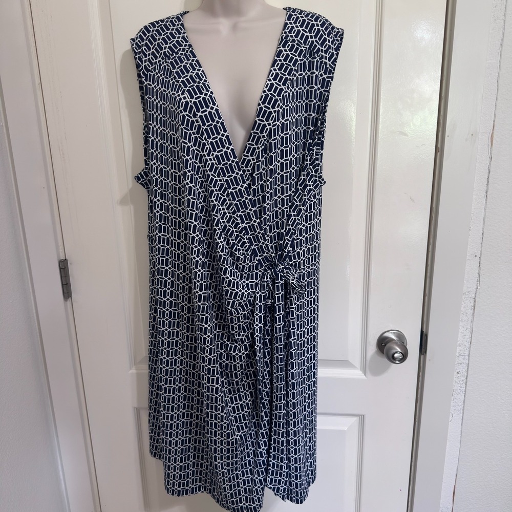 Adrienne Vittadini Womens 3X Blue Faux Wrap Dress Stretch Plus Size cap Sleeve